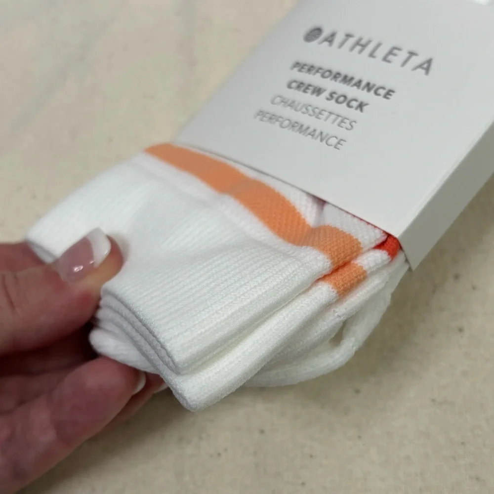 NWT Athleta High Performance Crew Sock Socks Orange Haze/Bright‎ White Med/Large